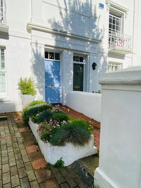 A small front garden in front of a white residential building featuring a narrow brick pathway leading to a green front door with a black handle and house number 78. To the side, there's a blue wooden door, likely a utility or storage access. The garden bed along the pathway contains a variety of plants, including low, dense, bushy evergreens with dark green foliage, pink flowering plants, and ornamental grasses with fine, spiky leaves. The soil in the garden appears moist and well-maintained, with some small weeds along the edges. A neatly trimmed hedge or shrub is positioned near the blue door, adding greenery and structure to the space. The exterior of the building has a smooth, white painted finish, with a small balcony above featuring intricate white railing details. Shadows from nearby trees cast dappled patterns across the facade and garden, suggesting a sunny day. The overall scene reflects careful garden maintenance and outdoor landscaping work typical of London's Brompton Road front gardens, with attention to detail from Gardeners Knightsbridge.